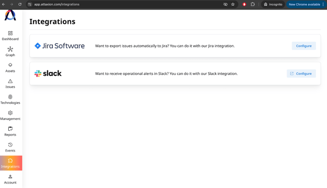 Integrations tab in Attaxion