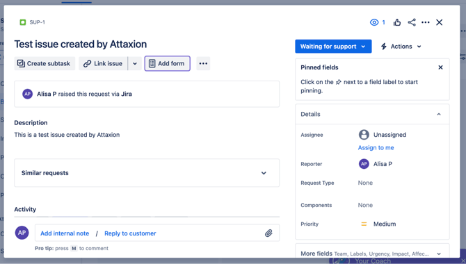 Test issue posted to Jira by Attaxion: details