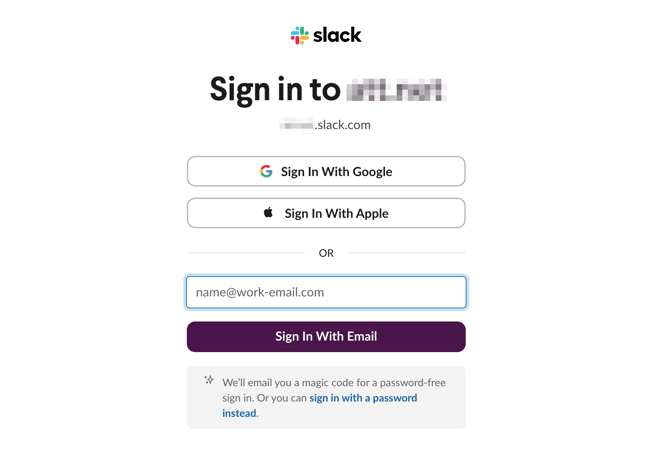 Signing in to Slack with email, Google, or Apple