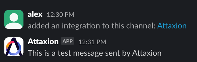 A Slack message indicating a succsseful integration with Attaxion