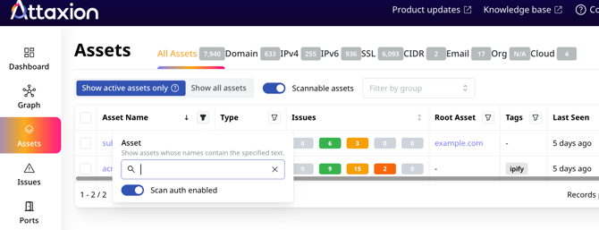 authenticated scanning in Attaxion: using filters to only see the assets with authenticated scanning enabled