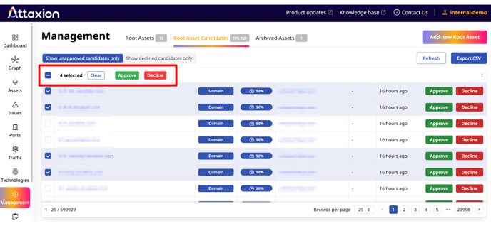 Selecting multiple root asset candidates in Attaxion's Management tab
