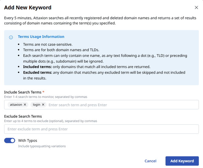 Adding a new keyword for tracking domain brand impersonation with Attaxion